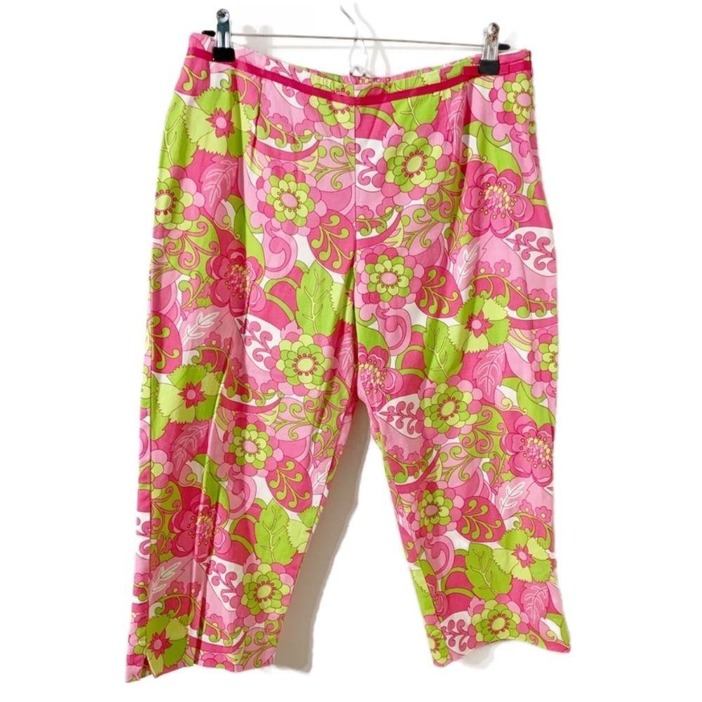 Briggs Groovy Floral Crop Capris Pants Side Invisible Zip Grosgrain Ribbon 🩷💚
